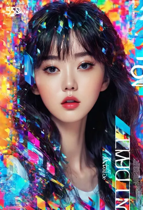 (magazine cover:1.3),ulzzang-6500, (realistic: 1.3) (original: 1.2), masterpiece, best quality, beautiful clean face, fullbody, 1girl, glitch art, (digital distortion), pixelated fragments, data corruption,colorful noise, visual chaos,contemporary aestheti...