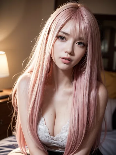 1girl, alone, solitary, high quality, (best quality,4k,8k,highres,masterpiece:1.2),ultra-detailed,(realistic,photorealistic,photo-realistic:1.37),gorgeous hair,light pink hair,long straight hair with bangs,puffy eyes,mole on the cheek,plump lips,jewelry,(h...