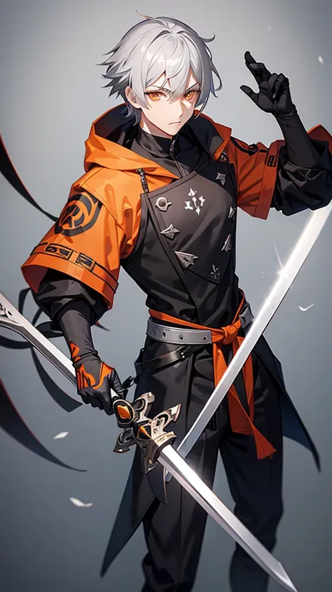 Male character gray hair and orange eyes and black clothes and swords 