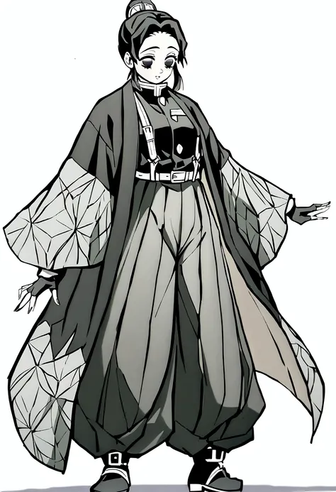 Kimetsu no Yaiba, Elegant girl with pale skin and light blue eyes, Her clothing consists of a Top: The top is a black and white long sleeve crop top. The shirt is high cut, exposing the abdomen. Design includes strap and buckle details on the front, adding...