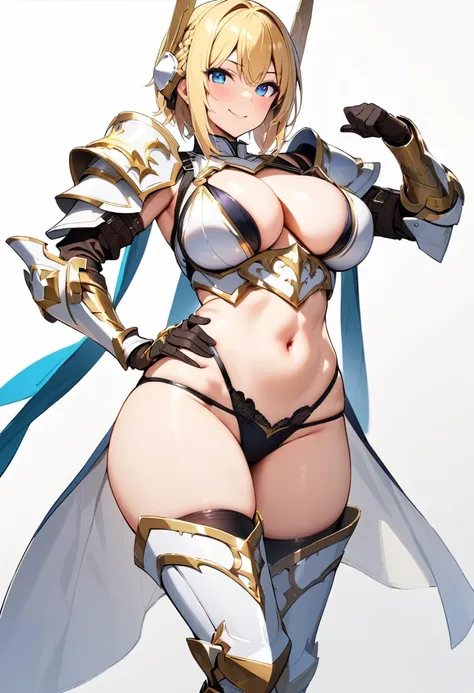 (masterpiece:1.2), (highest quality:1.2), 1girl, solo, ((white-armor)), simple-background, bikini-armo, breasts, full-body, blue-eyes, large-breasts, blonde-hair, thighhighs, navel, gauntlets, shoulder-armor, pauldrons, cleavage, hand-on-hip, armored-boots...