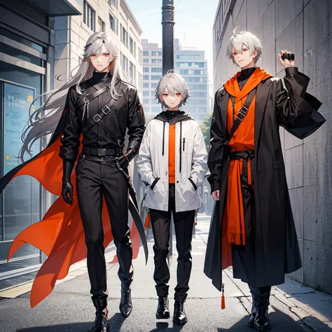 Male character gray hair and orange eyes and black clothes and swords 