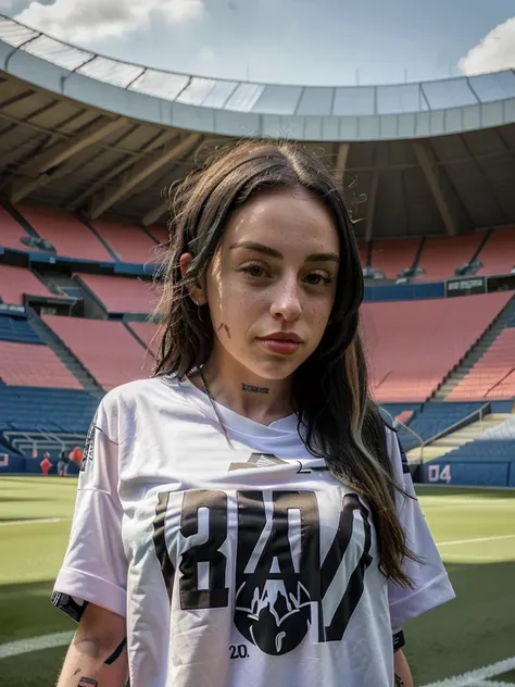 woman in soccer stadium, wearing a river t-shirt 