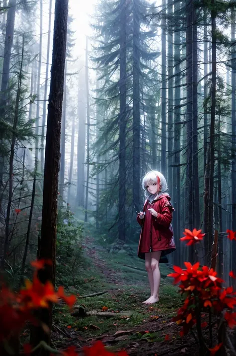 loli, pale skin, sad face, cry, kneeing pose, very long multicolored hair, knife in hend, mantle, bare feet, dark forest, red fl...