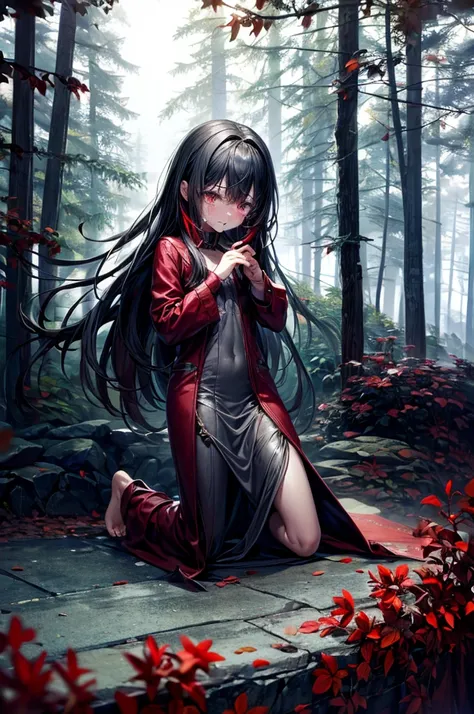 loli, pale skin, sad face, cry, kneeing pose, very long multicolored hair, knife in hend, mantle, bare feet, dark forest, red fl...