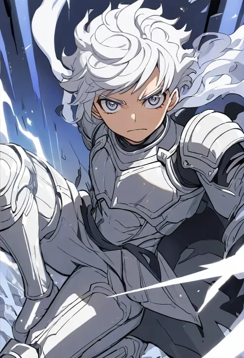 young man with silver hair and silver eyes, wearing strong dark gray silver armor, with silver boots, with an electric shadow of...