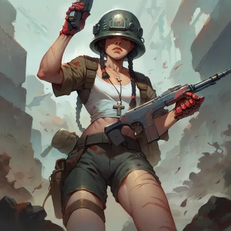 girl, braided black hair, war helmet, silver necklace with cross pendant, mechanical glove on the left hand, faded red, low-cut white top, red lingerie, arms and legs with scars and dirt stains, shotgun in the right hand, style image cyberpunk