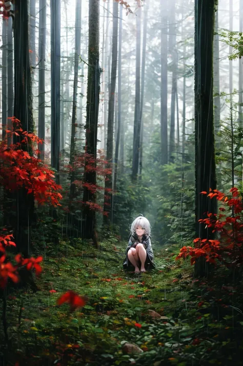 Loli, pale skin, sad face, cry, kneeing pose, very long multicolored hair, knife in hend, mantle, bare feet, dark forest, red flowers, focus on body, rainy weather, blood everywhere 