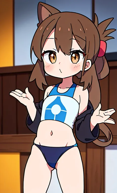 masterpiece,Highest quality,1 Girl,alone,Pokémon-like art style,(bold:1.6),(flat:1.5), BROWN_HAIR,FOLDED_PONYTAIL,BROWN_eyes,LONG_HAIR,indoor, パンピングショーツ,