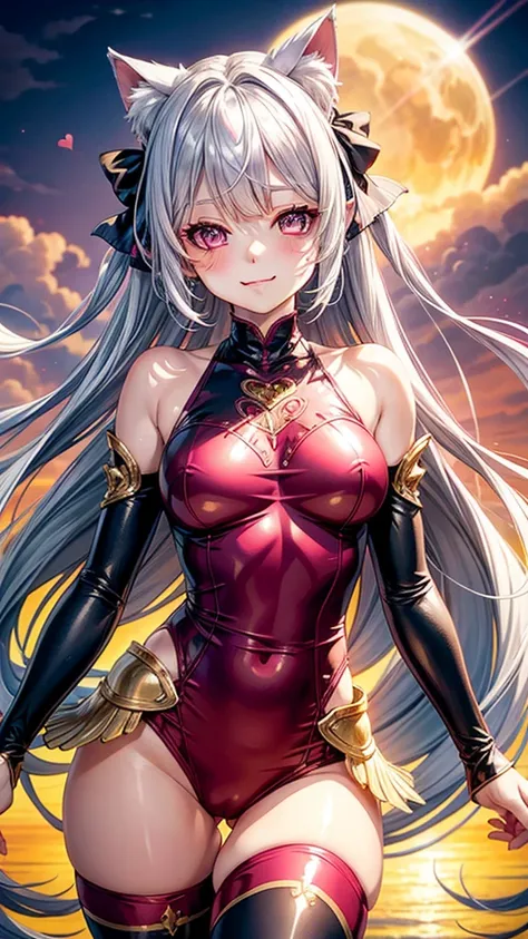 Silver hair, pink eyes, woman, sun and cloud background, red and gold clothes, hair bows, happy face, mermaid outfit, sexy, cat ears, hearts, floating hearts, thigh up, thigh high tights