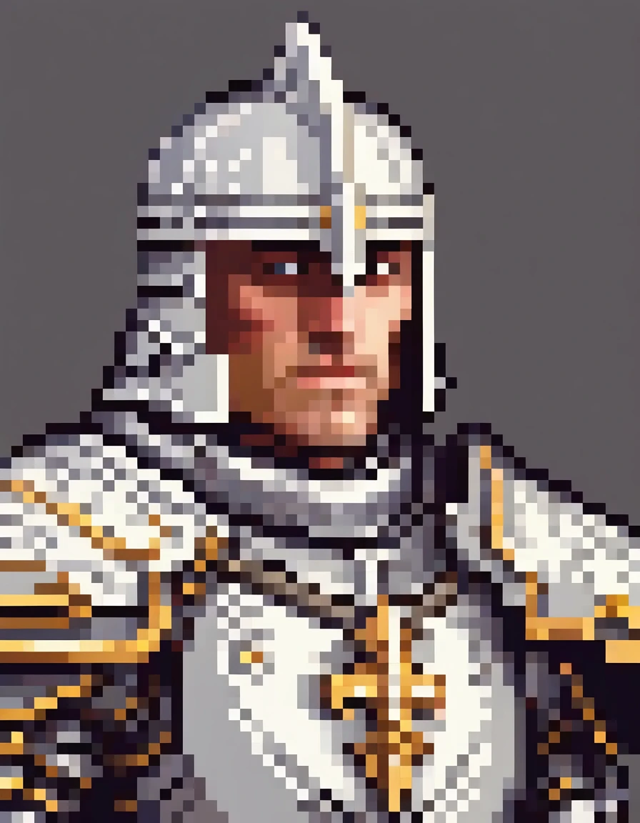 beautiful detailed portrait of a strong white knight, knightly and kingly powers, big armor, fighter deamination look, battle-hardened warrior, intricate pixel art style, highly detailed, masterpiece, 8k, photorealistic