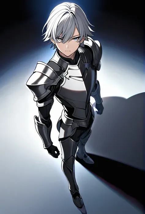 Young man with silver hair and silver eyes, wearing strong dark gray silver armor, with silver boots, with an electric shadow of silver, blue rays behind him