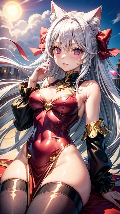 Silver hair, pink eyes, woman, sun and cloud background, red and gold clothes, hair bows, happy face, mermaid outfit, sexy, cat ears, hearts, floating hearts, thigh up, thigh high tights