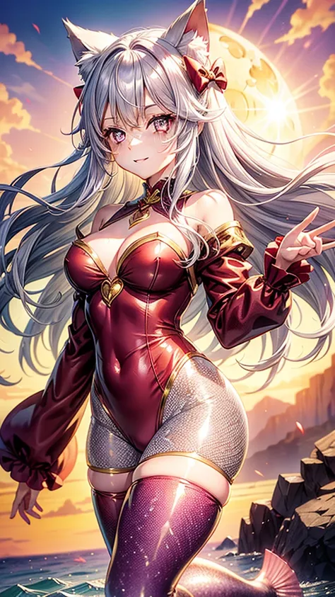 Silver hair, pink eyes, woman, sun and cloud background, red and gold clothes, hair bows, happy face, mermaid outfit, sexy, cat ears, hearts, floating hearts, thigh up, thigh high tights