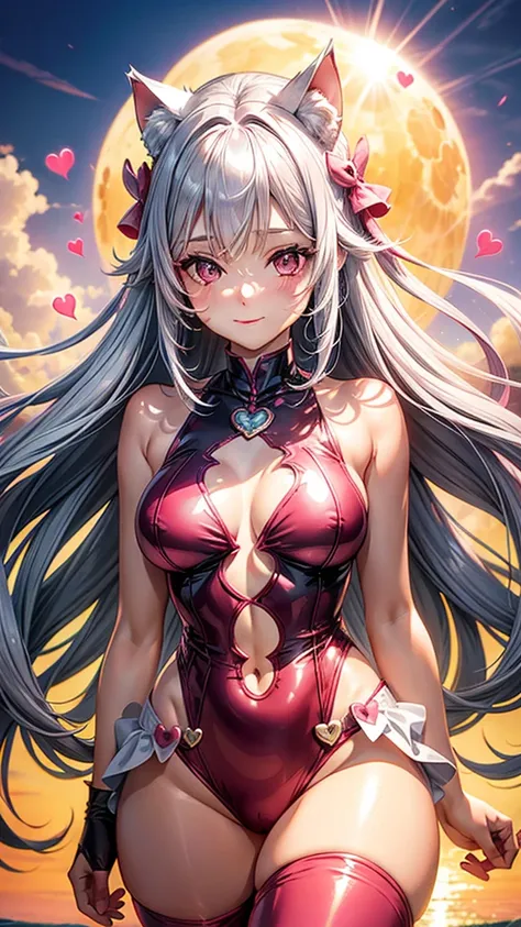 Silver hair, pink eyes, woman, sun and cloud background, red and pink clothes, hair bows, happy face, mermaid outfit, sexy, cat ears, hearts, floating hearts, thigh up, thigh high tights