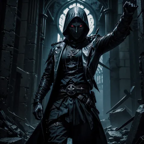 A dark assassin comes towards the camera with his hands open as if to strangle someone, around a sinister gothic style hall