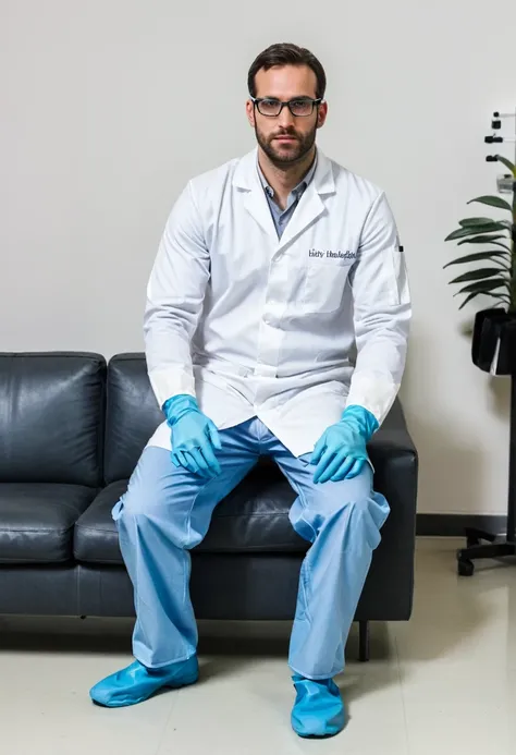 raw photo, full body, a 35-year-old man, ((dressed as a lab technician)), is sitting on a guest sofa, looking towards the audien...