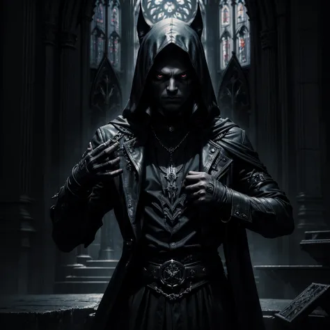 a dark assassin approaching the camera with open hands as if to strangle someone, gothic cathedral interior, dramatic lighting, high contrast, moody atmosphere, cinematic composition, dark colors, sinister energy, extreme detailed face and hands, hyper rea...