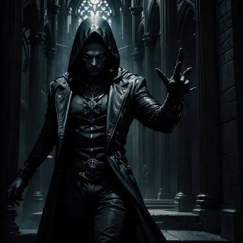 a dark assassin approaching the camera with open hands as if to strangle someone, gothic cathedral interior, dramatic lighting, high contrast, moody atmosphere, cinematic composition, dark colors, sinister energy, extreme detailed face and hands, hyper rea...