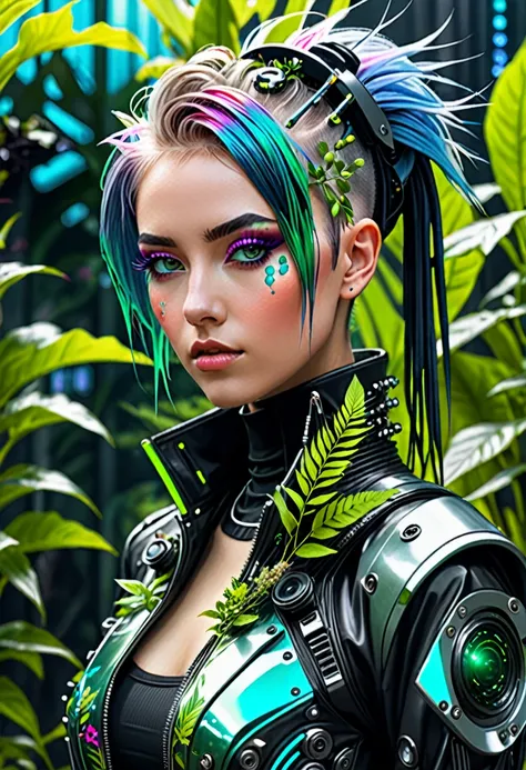 Cyber-Punk girl, dytopian vibes, with aspects of plants and nature 