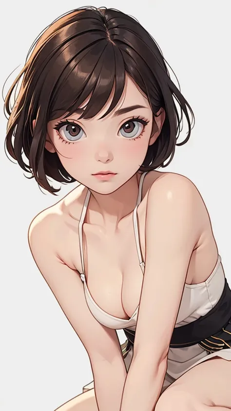 (((masterpiece, best quality, ultra highres, 1 girl, solo, no background))), super detailed skin and face and eyes and finger, beautiful japanese woman, small breasts:1.5, skinny, light brown hair, white background, very short pixie hair, (an illustration ...