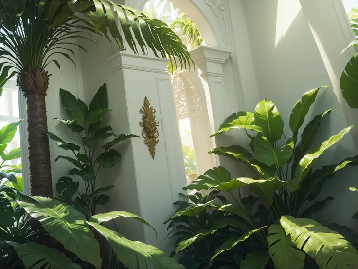 (tropical garden,detailed palm trees,banana trees,uniform white painted walls,lush foliage,intricate details,photorealistic,masterpiece,4k,ultra-detailed,highly realistic,dramatic lighting,vivid colors,cinematic composition)