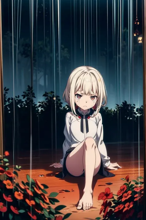 Loli, pale skin, sad face, cry, kneeing pose, very long multicolored hair, knife in hend, mantle, bare feet, dark forest, red flowers, focus on body, rainy weather, blood everywhere 