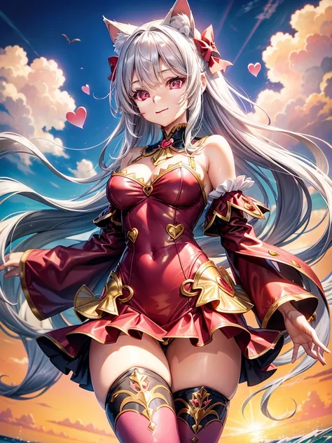 Silver hair, pink eyes, woman, sun and cloud background, red and gold clothes, hair bows, happy face, mermaid outfit, sexy, cat ears, hearts, floating hearts, thigh up, thigh high tights