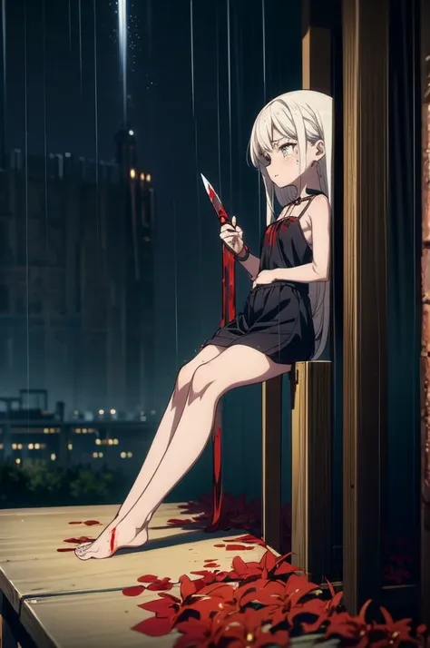 loli, pale skin, sad face, cry, kneeing pose, very long multicolored hair, knife in hend, mantle, bare feet, dark forest, red fl...