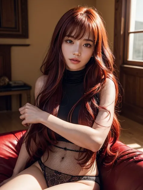 1girl, alone, solitary, high quality, (best quality,4k,8k,highres,masterpiece:1.2),ultra-detailed,(realistic,photorealistic,photo-realistic:1.37),gorgeous hair,cherry red hair,long hair with curls and bangs,puffy eyes,mole on the cheek,plump lips,jewelry,(...