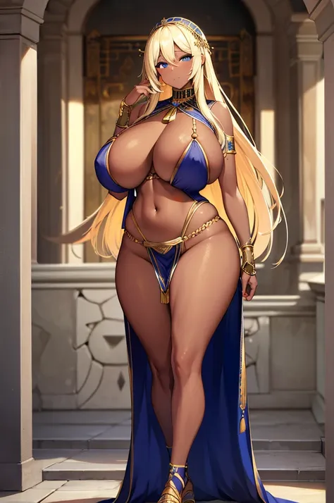 (detailed background:1.1), (solo:1.3), full body, whole body visible, standing, mature, woman, dark skin, dark skin, breasts visible, naked breasts, huge breasts, nipples visible, dark skin, ornate white egyptian dress, long hair, blond hair, beautiful hai...