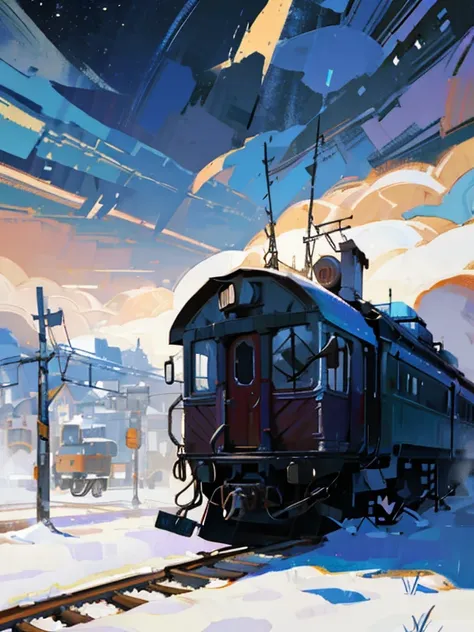 There is a train running down the tracks in the snow.,，correct simple compostiotomy，surreal dreams，Surreal art fantasy style.，Epic digital fantasy art style.