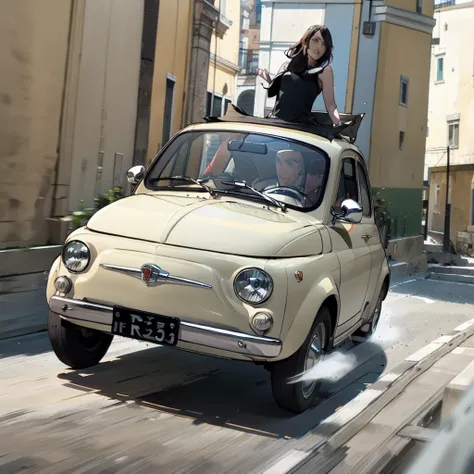 (fiat500, classical old italian fiat 500 car, sassi_di_matera), lupin iii drives the yellow fiat 500 through the alleys of the s...