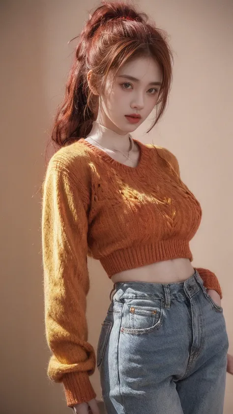 21yo girl,red hair,ponytail hair, wearing red sweater, (yellow line on stweater),(gryffindor sweater), jeans, natural medium breast, plump body,single sidelock hairpin blush modern cinematic lighting,ray tracing,drop shadow wide shot UHD,textured skin,high...