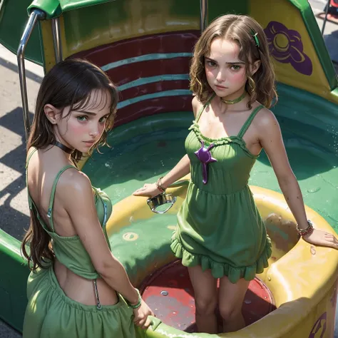 18 year old Natalie Portman, (((tiny sexy green sundress))), (((standing by the dunk tank at a carnival))), shy, worried, (hiding), ((face blushing)), choker, ((embarrassed pose)), angry, metal bracelet, wet hair