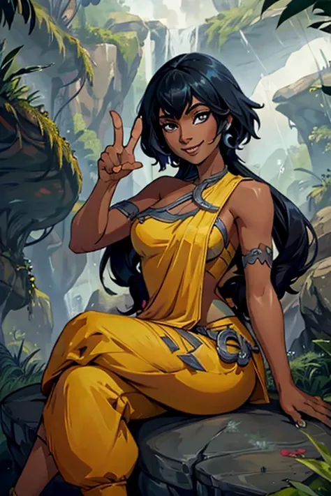 nilah \(league of legends\), 1girl, yellow dress, black pants, black hair,cute smile , sitting on rock , crossed legs , rain for...