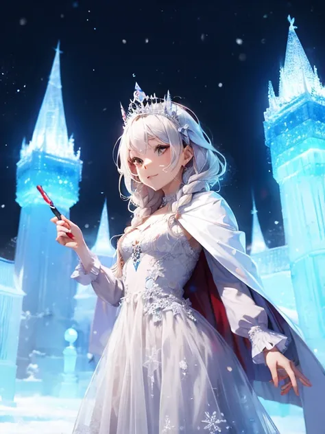 one girl, ice wand, white cape, ice crystals, winter, frozen, ice castle, transparency, ice tiara. silver hair, queen , cowboy s...