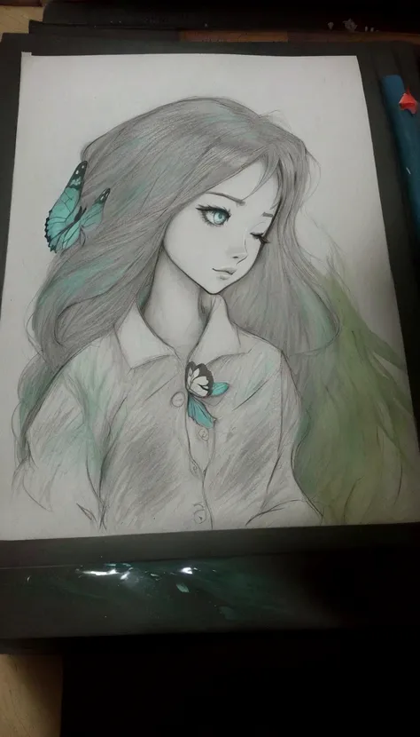 Anime-style drawing with a girl with her eyes closed and a butterfly flying behind her back