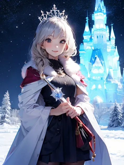 One Girl, Ice wand, White Cape, Ice crystals, winter, Frozen, Ice Castle, Transparency, Ice tiara. Silver Hair, Queen , Cowboy Shot