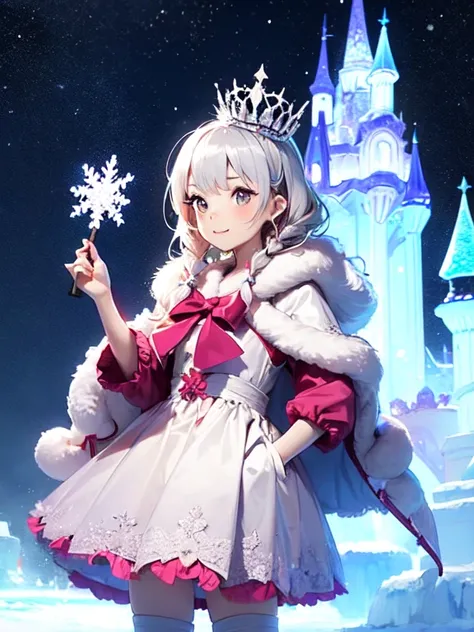 one girl, ice wand, white cape, ice crystals, winter, frozen, ice castle, transparency, ice tiara. silver hair, queen , cowboy s...