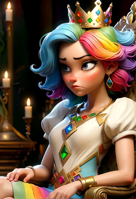 a 25 year old woman with rainbow hair and crown, wearing an intricate regal rainbow dress (dress is open, over sexually exposed)...