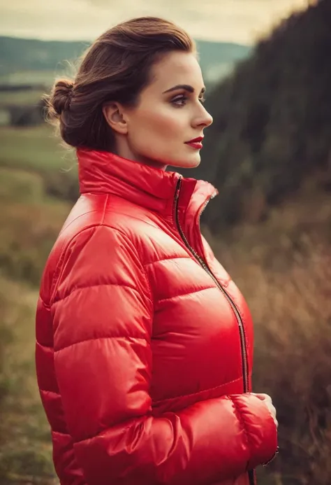 Make a woman with big breast, red pufferjacket , with open zipper, with face, body, landscape, deep focus, vintage film grain, color correction retro style, soft lighting