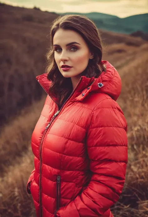 Make a woman with big breast, red pufferjacket , with open zipper, with face, body, landscape, deep focus, vintage film grain, color correction retro style, soft lighting