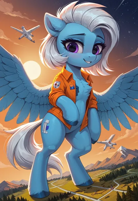 score_9, score_8_up, score_7_up, feral, pale body, female, pegasus, light_blue body, blue body, short straight hair, white mane with blue stripe, white tail with bright blue and light blue stripes, purple eyes, pointed ears, large feathered wings, anatomic...