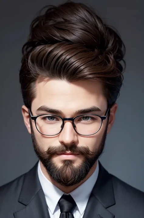 Draw a cartoon-style avatar of a man with brown hair, a beard, and wearing black-rimmed glasses. The avatar must be cheerful and dressed in a dark blue suit with a black tie. The background should be a yellow circle. The design style should be simple, clea...