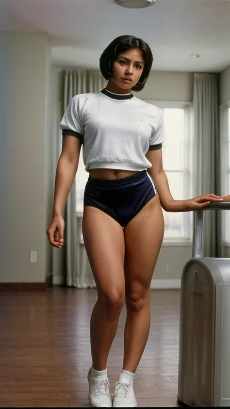 Hispanic woman in gym uniform full body standing, best quality, high detail, 80s film