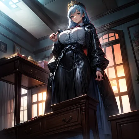 A masterfully crafted 3D render of an evil businesswoman sitting on a grand, ornate throne at the head of a long office table in a dimly lit room. The woman, with her mesmerizing beauty, exudes both power and darkness. Her outfit is a blend of luxurious ma...