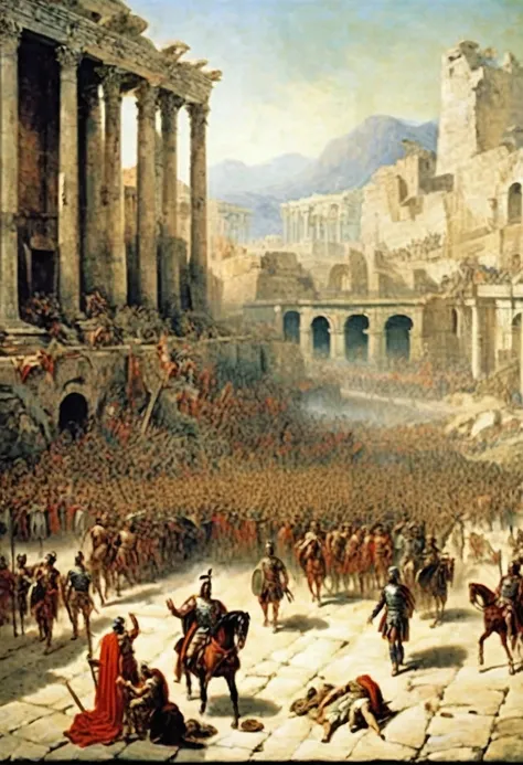 Two giant-spartan soldiers among ancient ruins towering over a crowd of angry roman-citizens screaming at some frightened 18th century explorers