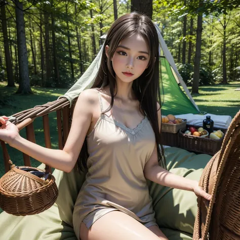 masterpiece, high resolution, girl,sleeping in a hammock, nightwear, (travel lady), forest, wood, mount, tent, picnic, adventure