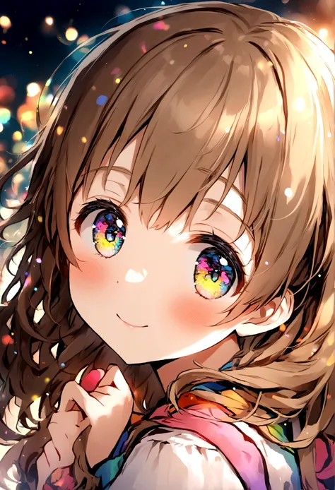 1girl, 15 years old, yui hirasawa, cute, colorful, lovely, close face, face at viewer, open eyes, highres, light brown hair, colorful eyes, side view, eyes at camera, cute, young, long hair, hdr, mouse close but happy
